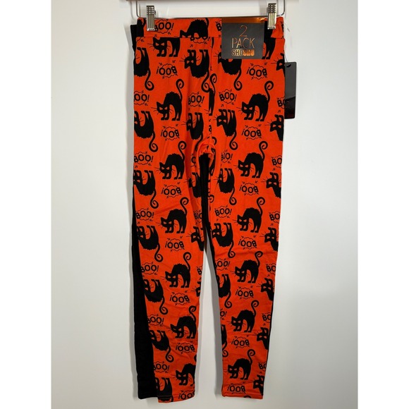 NWT Shosho 2-Pack Halloween Leggings Black Cats Orange Boo! S/M Cute Spooky Warm - Picture 1 of 6